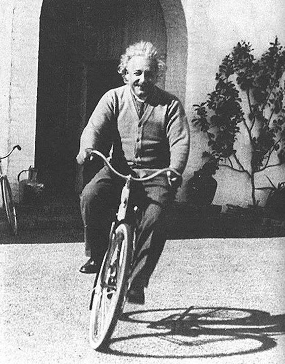 Albert Einstein riding a bicycle outside Ben Meyer's house in Santa Barbara, California, 1933. Source: Leo Baeck Institute.