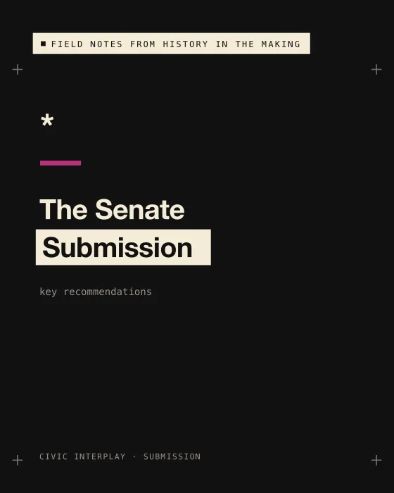 Field note card reading: The Senate Submission. Key recommendations.